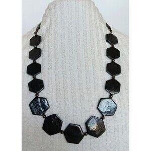 Express Signed Black Geometric Hexagon Statement Necklace 28-30 in